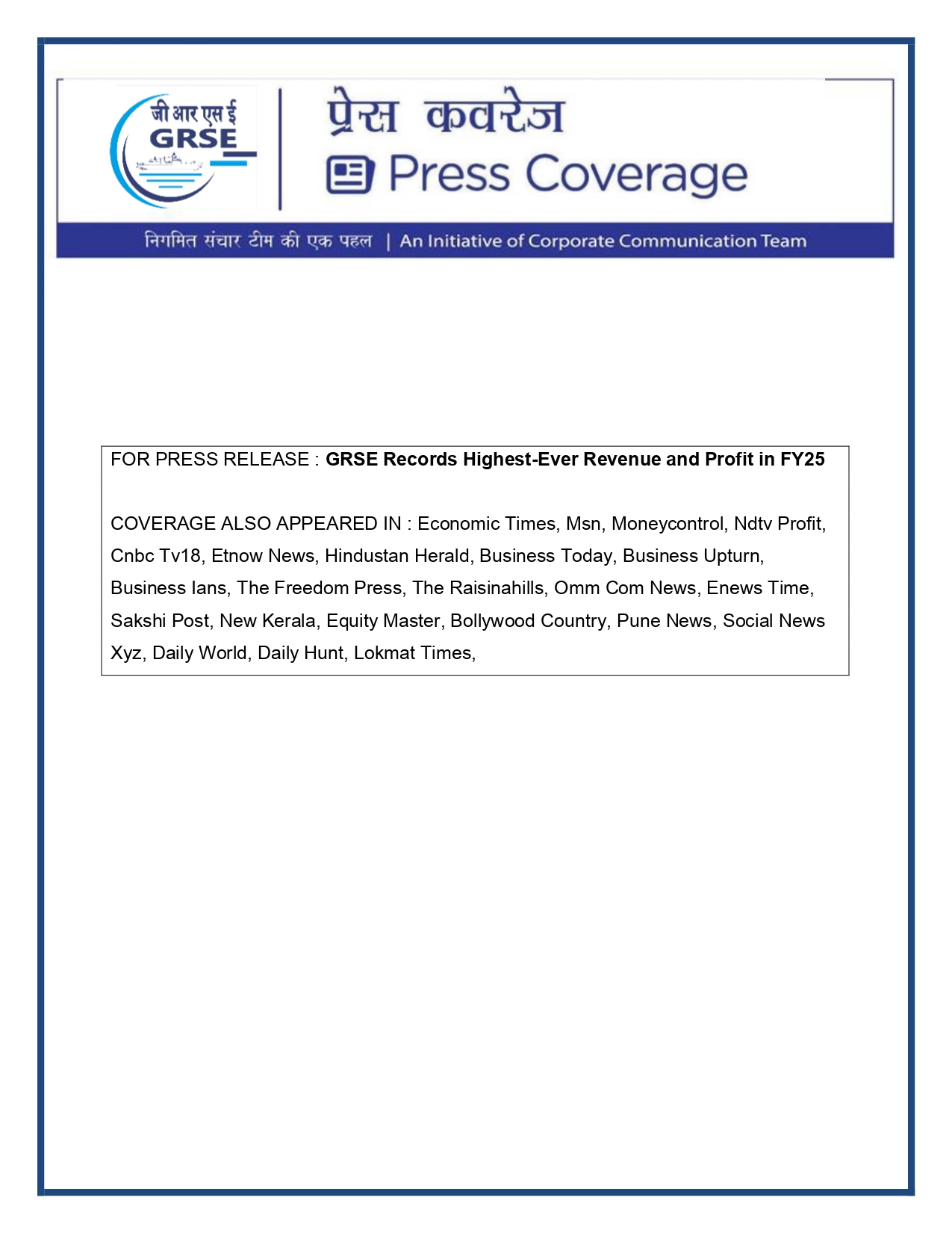 Press Coverage : GRSE posts 48% growth in PAT in FY 25  